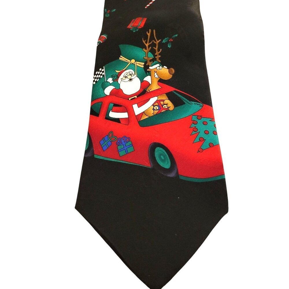 Christmas Santa Reindeer Sports Car Black Yule Tie Greetings Hallmark Silk 60in